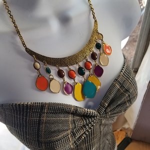 80's Exciting Colorful Brass Tone Fringe Bib Statement Necklace