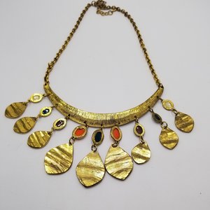 80's Exciting Colorful Brass Tone Fringe Bib Statement Necklace