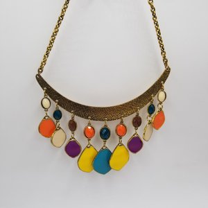 80's Exciting Colorful Brass Tone Fringe Bib Statement Necklace