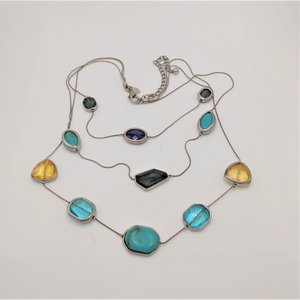 90's Vintage Chico's Silver Tone, Blue,Green and Yellow Multi Strand Statement necklace