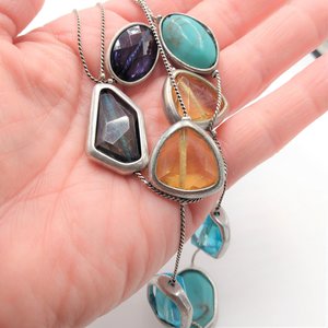 90's Vintage Chico's Silver Tone, Blue,Green and Yellow Multi Strand Statement necklace