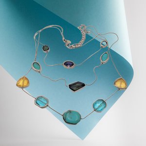 90's Vintage Chico's Silver Tone, Blue,Green and Yellow Multi Strand Statement necklace