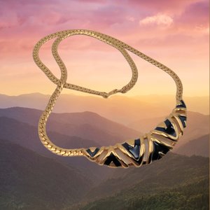 Smart Vintage Gold Tone and Navy Blue Enamel Statement Herringbone Chain Necklace and Earrings Set, Avon