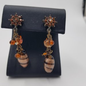 Stunning Vintage Lampwork Murano Style Glass Beads and Rhinestones Dangle Screw Back Earrings