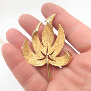 Vintage Mid Century Gold Tone Textured  Leaf Brooch for Women