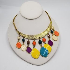 80's Exciting Colorful Brass Tone Fringe Bib Statement Necklace