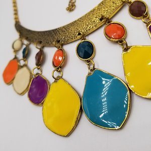80's Exciting Colorful Brass Tone Fringe Bib Statement Necklace