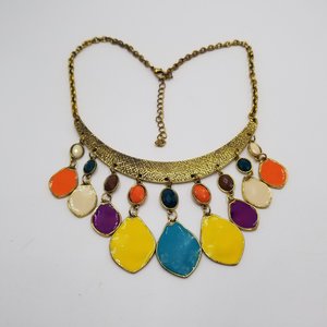 80's Exciting Colorful Brass Tone Fringe Bib Statement Necklace
