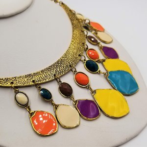 80's Exciting Colorful Brass Tone Fringe Bib Statement Necklace