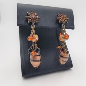 Stunning Vintage Lampwork Murano Style Glass Beads and Rhinestones Dangle Screw Back Earrings