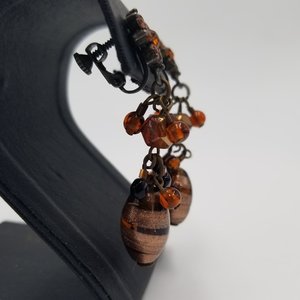 Stunning Vintage Lampwork Murano Style Glass Beads and Rhinestones Dangle Screw Back Earrings
