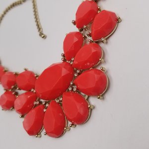 Bold 80's Vintage Gold Tone and Bright Red  Faceted Cabochons and Rhinestone Accents Bib Statement Necklace