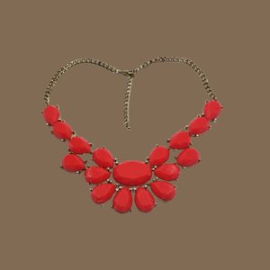Bold 80's Vintage Gold Tone and Bright Red  Faceted Cabochons and Rhinestone Accents Bib Statement Necklace