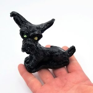 Vintage Carved Coal Scottish Terrier Dog Figurine, with Green Rhinestone Eyes