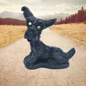 Vintage Carved Coal Scottish Terrier Dog Figurine, with Green Rhinestone Eyes