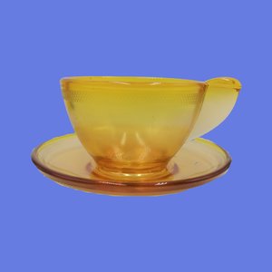 Vintage AKRO AGATE Miniature Stippled Band Topaz Pressed Glass Toy Teacup and Saucer Set, Circa 1935