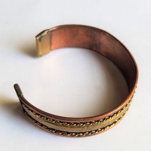 Bohemian Vintage Copper and Stamped Flowers on Brass Open Cuff Bracelet, 1970's