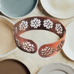 Earthy Vintage Southwestern Solid Copper Open Work Flowers Open Cuff Bracelet