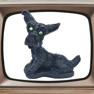 Vintage Carved Coal Scottish Terrier Dog Figurine, with Green Rhinestone Eyes