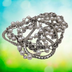 Silver Tone Chain and Faux Pearls Layered Statement Necklace, High Quality Vintage Heavy