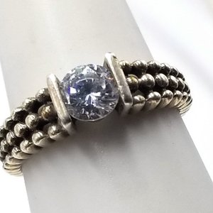 Unique Vintage Sterling Silver Tension Set Cubic Zirconia Silver Granule Textured Solitaire Ring ,Size 7.75