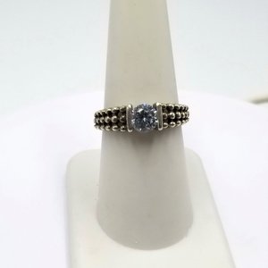 Unique Vintage Sterling Silver Tension Set Cubic Zirconia Silver Granule Textured Solitaire Ring ,Size 7.75