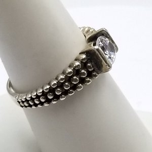 Unique Vintage Sterling Silver Tension Set Cubic Zirconia Silver Granule Textured Solitaire Ring ,Size 7.75
