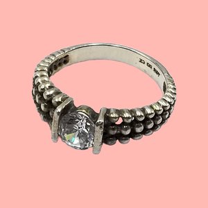 Unique Vintage Sterling Silver Tension Set Cubic Zirconia Silver Granule Textured Solitaire Ring ,Size 7.75