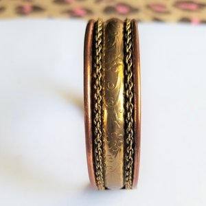 Bohemian Vintage Copper and Stamped Flowers on Brass Open Cuff Bracelet, 1970's