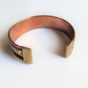 Bohemian Vintage Copper and Stamped Flowers on Brass Open Cuff Bracelet, 1970's
