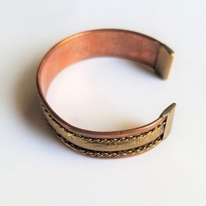 Bohemian Vintage Copper and Stamped Flowers on Brass Open Cuff Bracelet, 1970's
