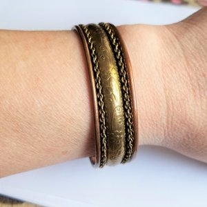 Bohemian Vintage Copper and Stamped Flowers on Brass Open Cuff Bracelet, 1970's