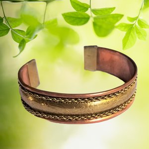 Bohemian Vintage Copper and Stamped Flowers on Brass Open Cuff Bracelet, 1970's