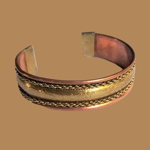 Bohemian Vintage Copper and Stamped Flowers on Brass Open Cuff Bracelet, 1970's