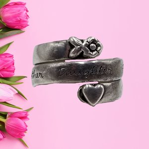 Sterling Silver Heart and Flower Mother Daughter Wrap Around Bypass Band Ring Size 6