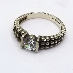 Unique Vintage Sterling Silver Tension Set Cubic Zirconia Silver Granule Textured Solitaire Ring ,Size 7.75