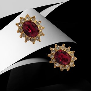 Sparkling Vintage Rosa Gold Tone Clear Rhinestones Surrounding a Larger Red Oval Rhinestone Stud Earrings