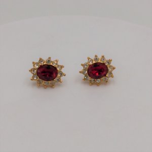 Sparkling Vintage Rosa Gold Tone Clear Rhinestones Surrounding a Larger Red Oval Rhinestone Stud Earrings