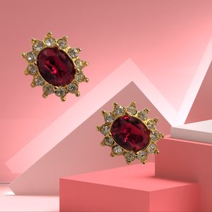 Sparkling Vintage Rosa Gold Tone Clear Rhinestones Surrounding a Larger Red Oval Rhinestone Stud Earrings