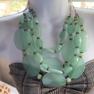 Huge Vintage Chunky Semi Translucent Mint Green Lucite  Multi- Strand Beaded Statement Necklace, Springtime Vibes