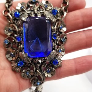 Czech Victorian Revival Decadent Vintage Gothic Large Blue Glass Ornate Pendant Rebuilt Necklace