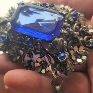 Czech Victorian Revival Decadent Vintage Gothic Large Blue Glass Ornate Pendant Rebuilt Necklace