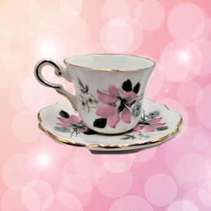 Grosvenor Miniature Demitasse Pink Floral Rose and Forget Me Not, Bone China Teacup and Saucer Set