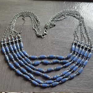 Silver Tone Multi- Strand Periwinkle Blue Barrel Beaded Bib Statement Necklace, Vintage