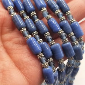 Silver Tone Multi- Strand Periwinkle Blue Barrel Beaded Bib Statement Necklace, Vintage