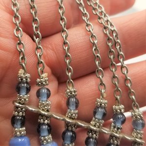 Silver Tone Multi- Strand Periwinkle Blue Barrel Beaded Bib Statement Necklace, Vintage