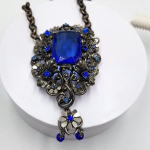 Czech Victorian Revival Decadent Vintage Gothic Large Blue Glass Ornate Pendant Rebuilt Necklace