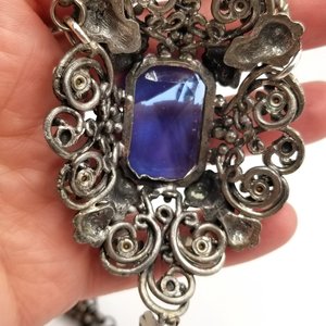 Czech Victorian Revival Decadent Vintage Gothic Large Blue Glass Ornate Pendant Rebuilt Necklace