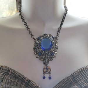 Czech Victorian Revival Decadent Vintage Gothic Large Blue Glass Ornate Pendant Rebuilt Necklace
