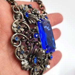 Czech Victorian Revival Decadent Vintage Gothic Large Blue Glass Ornate Pendant Rebuilt Necklace